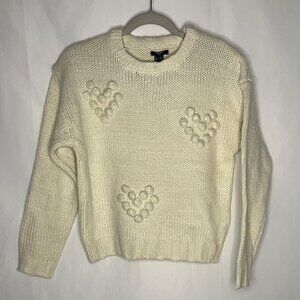 Forever 21 Knit Sweater Girls 11 / 12 Ivory Off White Pom Pom Heart Detail